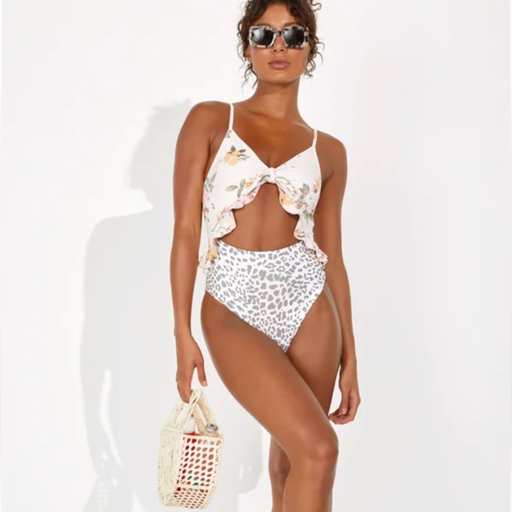 Carly Blush Floral and Leopard Print Cutout One-Piece Swimsuit